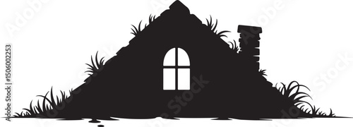 Silhouette of a Stone House with Grassy Roof and Chimney