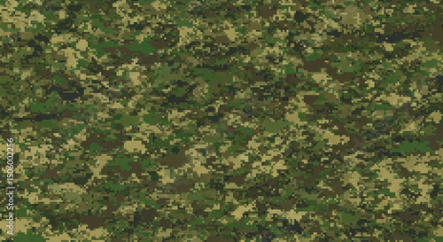 Digital camouflage pattern in green and brown tones