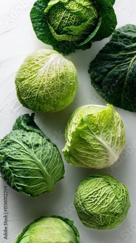 Fresh Green Cabbage Varieties Displayed on a Light Surface in a Rustic Kitche...