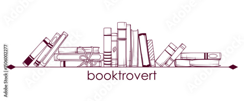 Exlibris (book mark). Composition of Standing books, stack of books on bookshelf isolated on white. In graphic style, vector illustration in engraving style. Concept of book lover, bookstore, library.