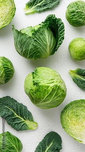 Fresh Green Cabbage Varieties Displayed on a Light Surface in a Rustic Kitche...