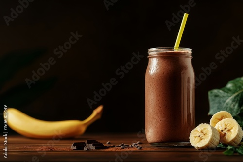 Chocolate Banana Smoothie in Jar With Ripe Bananas on Wooden Table.