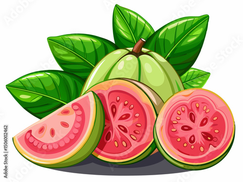 A vector of whole and sliced guava fruit with pink pulp and seeds, isolated on white