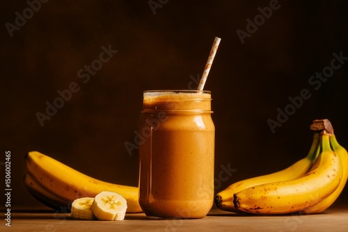Smoothie Made With Bananas and Chocolate Beside Sliced Banana on Wooden Table.