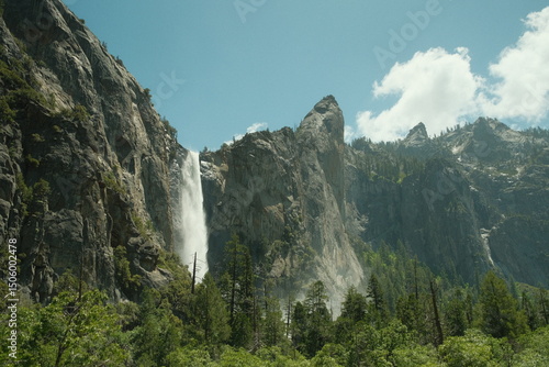 Yosemite National Park in California’s Sierra Nevada mountains aesthetic greenery landscape scenery on sunny day granite cliffs and waterfall