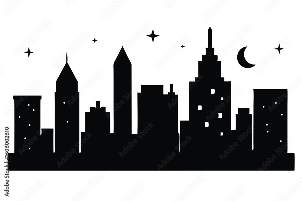 Obraz premium Urban cityscape vector silhouette illustration with towering buildings and a night sky view