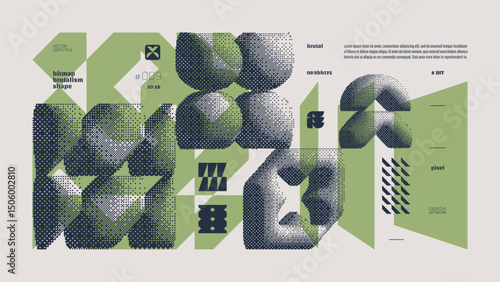 Dithering bitmap abstract vector color background with Postmodern geometric graphic brutalism shapes, Y2K bold vector pixelated modernism artwork banner inspiration retro 8-bit aesthetic, asparagus 10