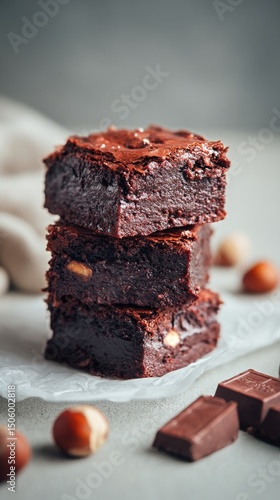 Decadent Chocolate Brownies Stacked With Hazelnuts and Dark Chocolate on Gray...