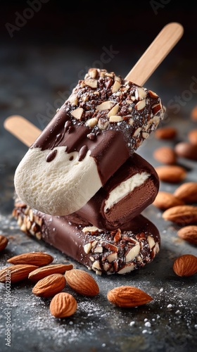Delicious Chocolate Almond Ice Cream Bars on a Blue Background With Almonds S...