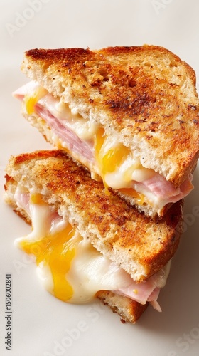 Savory Grilled Cheese and Ham Sandwich Stacked High With Melted Cheese and To...
