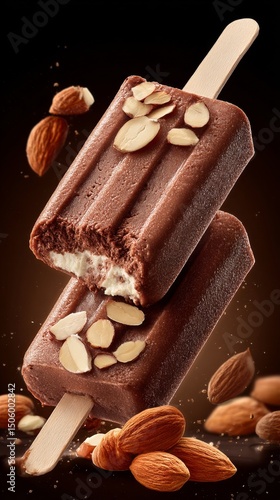 Creamy Chocolate Almond Bars With Crushed Ice and Whole Almonds Scattered Aro...