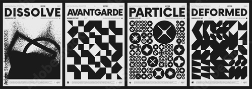 Modern abstract poster collection, vector minimalist posters with geometric shapes in black and white, brutalist style inspired graphics, bold aesthetic, shape distortion effect set 15