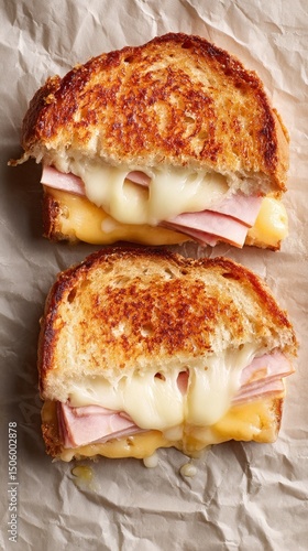 Delicious Grilled Sandwich With Melted Cheese and Ham on a Rustic Paper Backg...