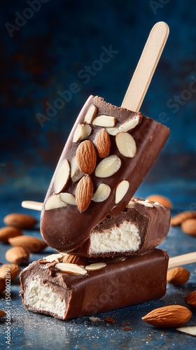 Delicious Chocolate Almond Ice Cream Bars on a Blue Background With Almonds S...