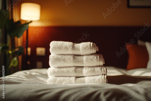Soft White Towels Stacked Neatly on a Hotel Bed With Warm Lighting in the Eve...