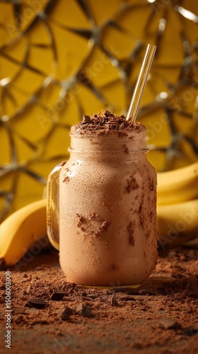 Smoothie Made With Bananas and Chocolate on a Colorful Mosaic Table.