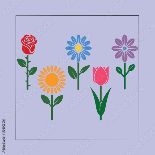 Colorful vector illustration of different spring flowers on a pastel background