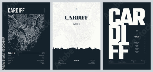 Set of travel posters with Cardiff, detailed urban street plan city map, Silhouette city skyline, vector artwork, set 2