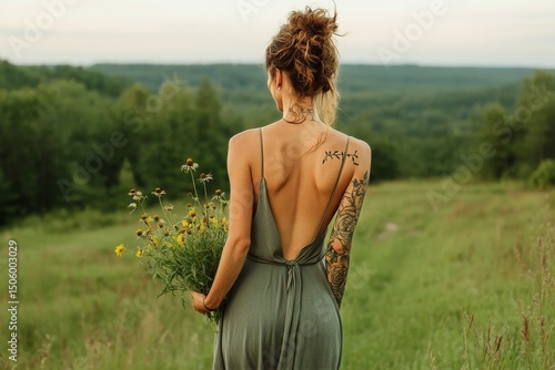 Woman Collecting Wildflowers in a Meadow During Golden Hour in Summer.