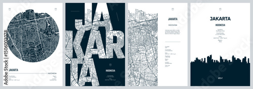 Set of travel posters with Jakarta, detailed urban street plan city map, Silhouette city skyline, vector artwork