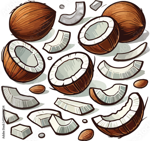 Vector illustration of whole and sliced coconuts with coconut pieces and almond accents.