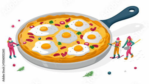 Winter skiers sharing a sunny side up breakfast in a giant pan warm winter colors quirky
