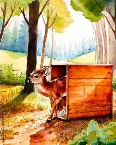 animals An illustration of a small deer being released into the forest, returning to freedom. The illustration is in watercolor style.