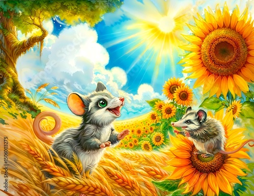 two little pigs Playful Mice in a Sunny Sunflower Field – Whimsical Illustration