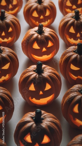 Lit Jack-O-Lanterns Arranged in Rows for Halloween Celebration at Night