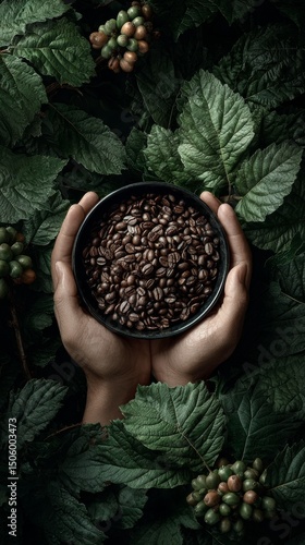 Hands Holding a Bowl of Coffee Beans Surrounded by Green Foliage in a Serene ...