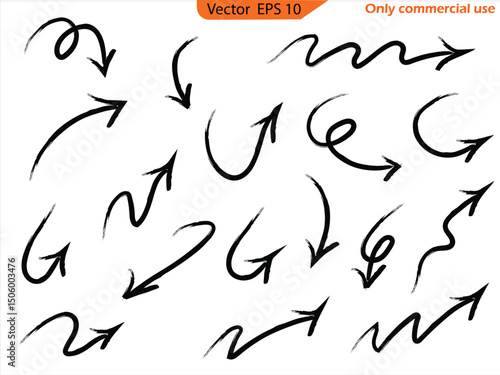 Hand drawn arrow vector icons set. Sketch arrow design for business plan and education. Set of arrows black icons. Circle arrows, rotate arrow, redo process symbol. Hand drawn sketch arrows design. 