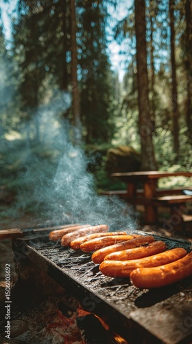 Grilling Sausages Outdoors in a Forest During a Sunny Afternoon