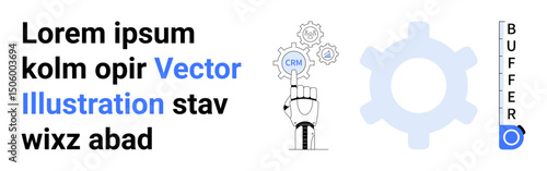 Hand holding gears with CRM, large gear in background, buffer gauge. Ideal for marketing, automation, data management, process enhancement, CRM setup, technology simple landing page