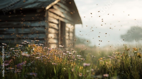 Bees Pollinate Vibrant Flowers Near a Rustic Wooden Cabin in a Sunny Meadow.