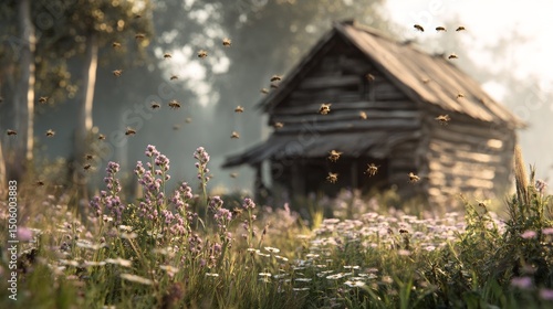 Bees Buzzing Around Wildflowers Near a Rustic Cabin at Sunset in a Serene Cou...