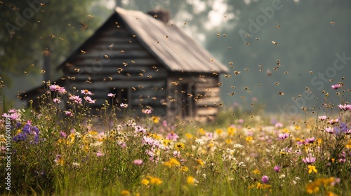 Bees Pollinate Vibrant Flowers Near a Rustic Wooden Cabin in a Sunny Meadow