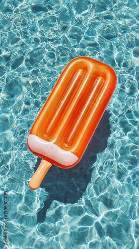 Colorful Orange Popsicle Float Resting in Clear Blue Swimming Pool Water on S...