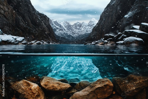 Majestic Mountains Reflected in Crystal Clear Water on a Snowy Day in a Seclu...