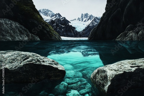 Majestic Mountains Reflected in Crystal Clear Water on a Snowy Day in a Seclu...