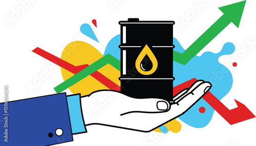 Black and white hand holding an oil barrel with a growing arrow on background. Modern collage style. Illustration