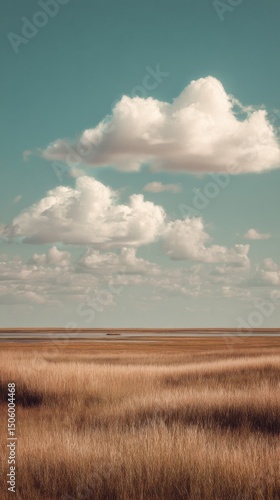 Majestic Clouds Drift Over Golden Grasslands in an Open Landscape Under Brigh...