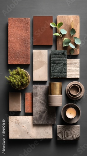 Natural Textures and Materials Displayed on a Dark Surface for Interior Desig...