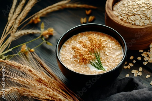 Oatmeal Bowl Topped With Flowers Alongside Grains and Oats in a Cozy Setting