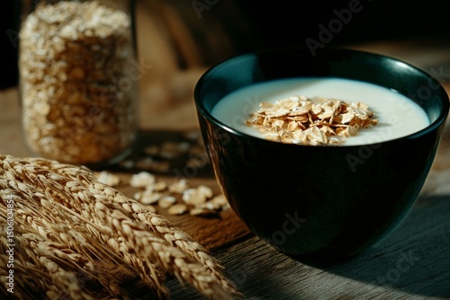 Breakfast Bowl of Oats With Milk and Grains on Wooden Table in Warm Light