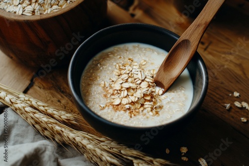 Oatmeal Bowl Topped With Flowers Alongside Grains and Oats in a Cozy Setting.
