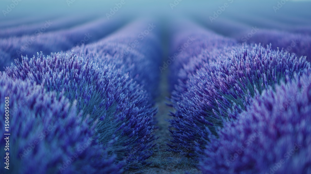 Fototapeta premium A lavender field in bloom stretches endlessly, with dense purple flowers forming rows that create a hypnotic pattern in the cool, misty air.