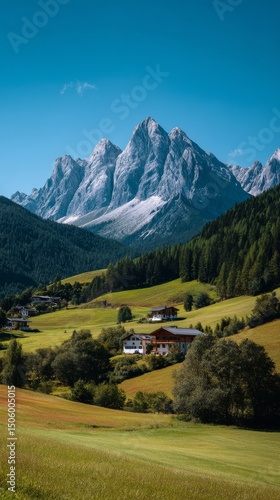 Expansive Green Valleys Surrounded by Majestic Mountains in Clear Blue Sky.