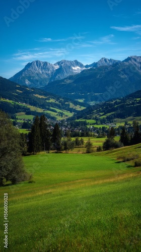 Expansive Green Valleys Surrounded by Majestic Mountains in Clear Blue Sky