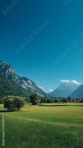 Breathtaking Mountain Landscape With Green Fields on a Clear Sunny Day in Swi...