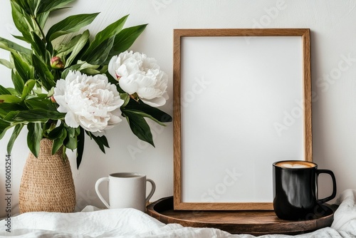 Relaxing Morning Setup With Coffee, Flowers, and Empty Frame on a White Table.